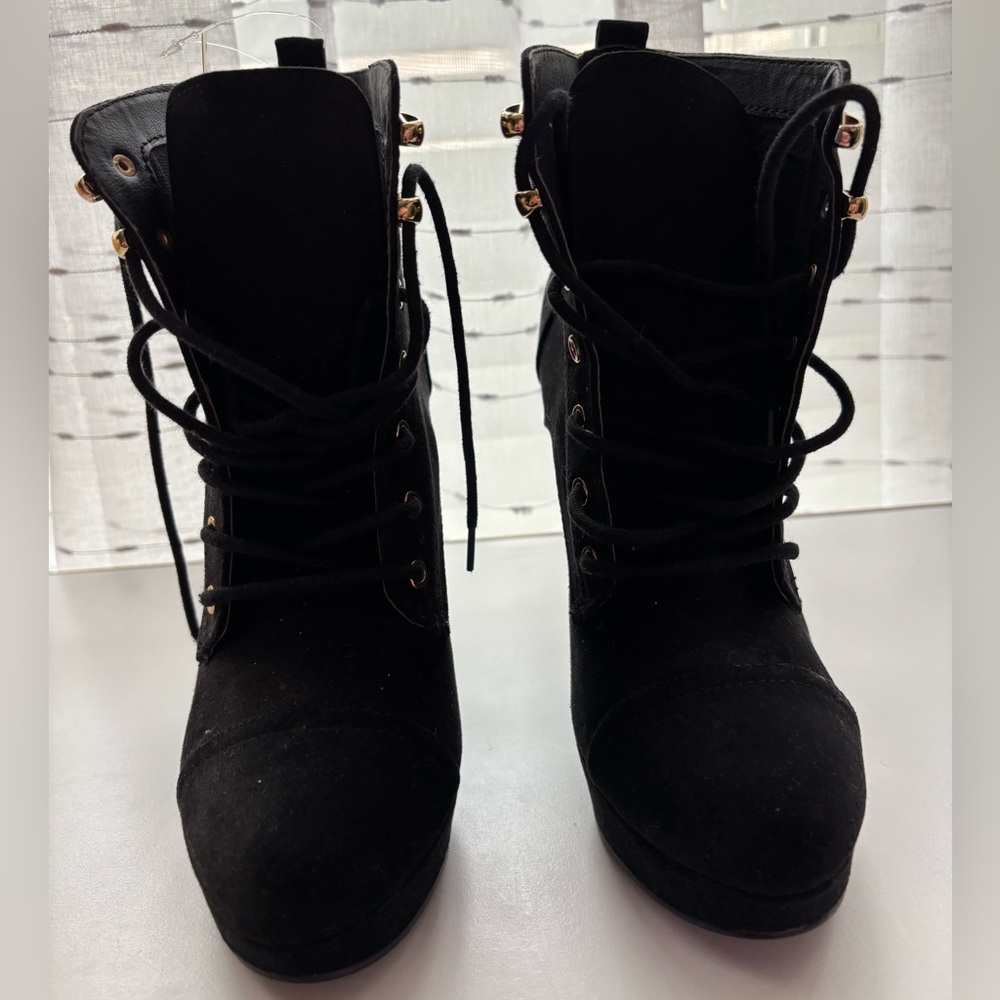 Forever 21 Black Lace Up Boots with Wedge Heel